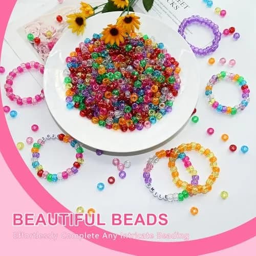 Looconi Glitter Pony Beads 6x9mm 500pcs | Transparent Acrylic for Jewelry & Hair thumbnail 7