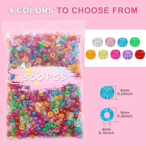 Looconi Glitter Pony Beads 6x9mm 500pcs | Transparent Acrylic for Jewelry & Hair thumbnail 2