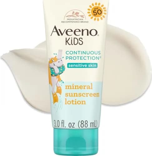 Aveeno Kids Continuous Protection Mineral Sunscreen Lotion SPF 50, 90ml (3 fl. oz) | Broad Spectrum UVA/UVB Protection for Sensitive Skin thumbnail 1