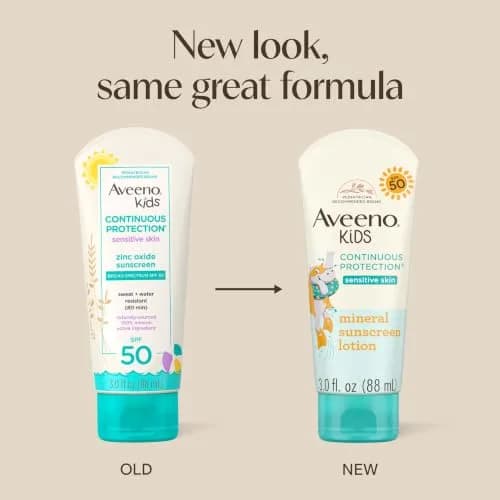 Aveeno Kids Continuous Protection Mineral Sunscreen Lotion SPF 50, 90ml (3 fl. oz) | Broad Spectrum UVA/UVB Protection for Sensitive Skin thumbnail 2