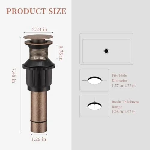 Homevacious 15/8" Bathroom Faucet Vessel Sink Pop Up Drain Assembly Stopper | Copper Finish, Heavy Brass, No Overflow thumbnail 2