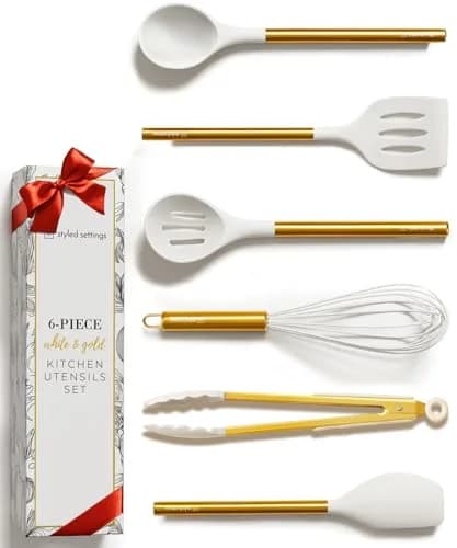 STYLED SETTINGS Gold Kitchen Utensils Set – 6 PC White Silicone and Gold Cooking Tools for Nonstick Cookware thumbnail 1