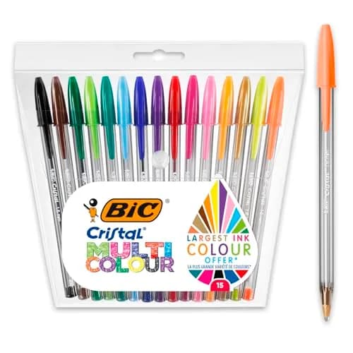 BIC Cristal Multicolour Ballpoint Pens 15 Pack | Wide 1.6mm Tip for Colourful Writing in Assorted Colours thumbnail 1