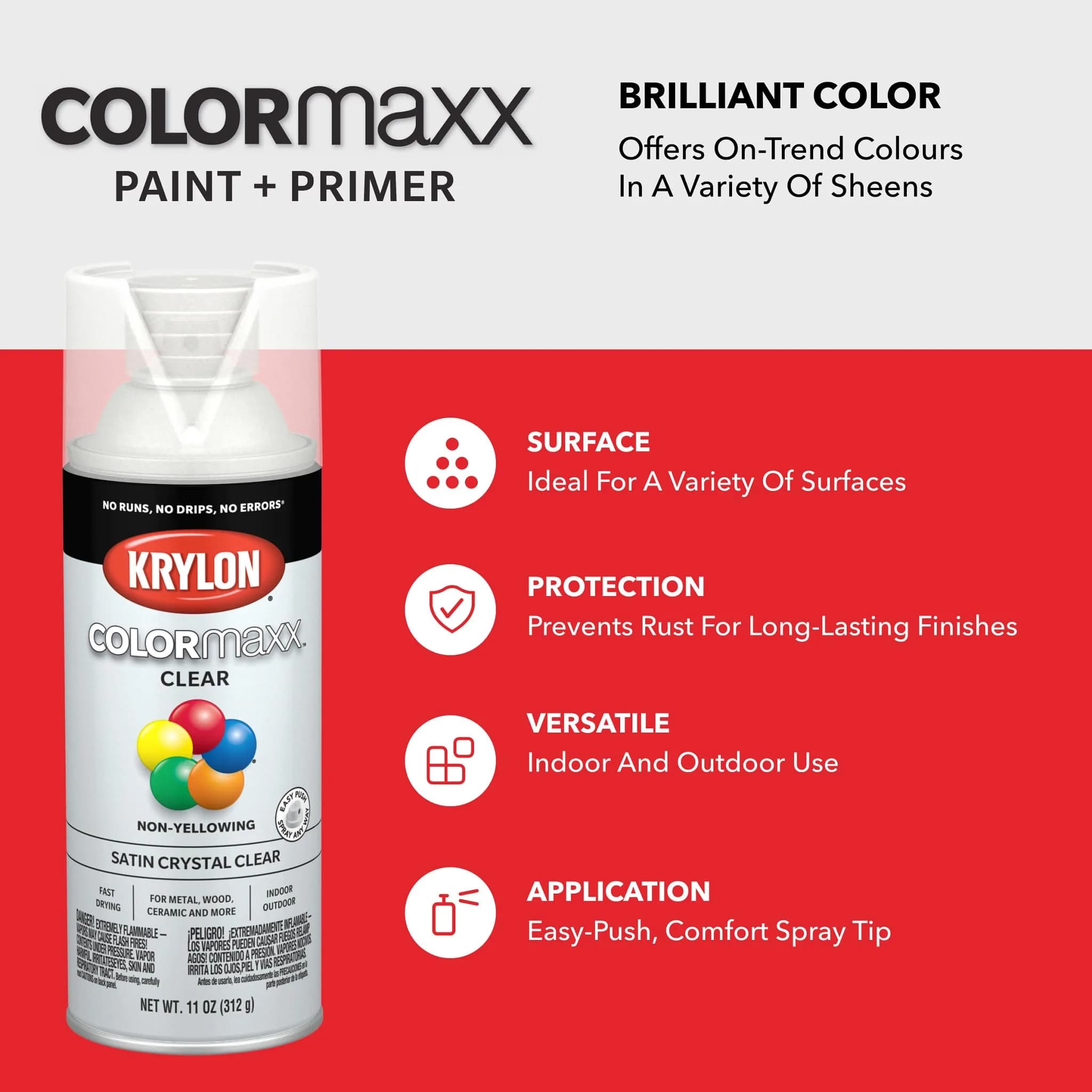 Krylon COLORmaxx Acrylic Clear Spray Paint Satin Crystal Clear 11 oz (312 g) | Indoor/Outdoor Use - view 7