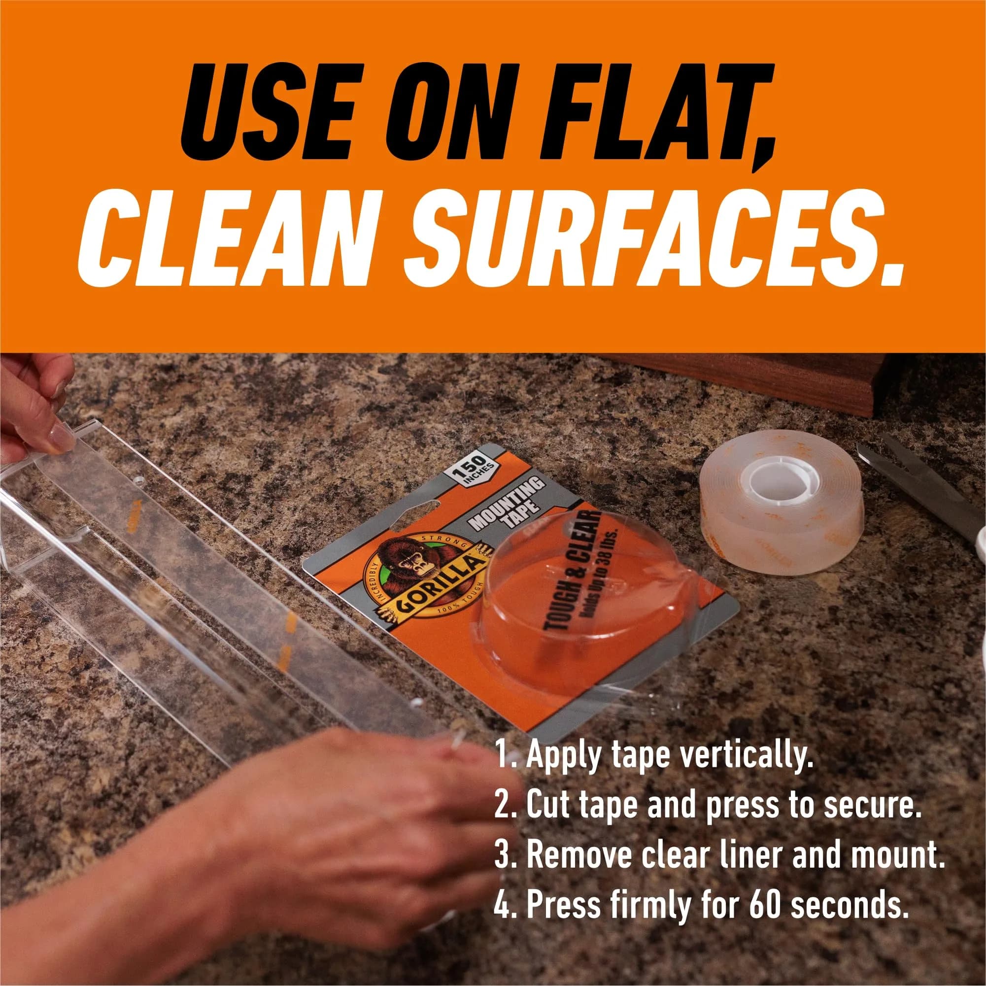 Gorilla Invisible Hold Mounting Tape Clear Double Sided Adhesive - 150 Inches Long | Permanent Indoor Outdoor Hanging - view 4