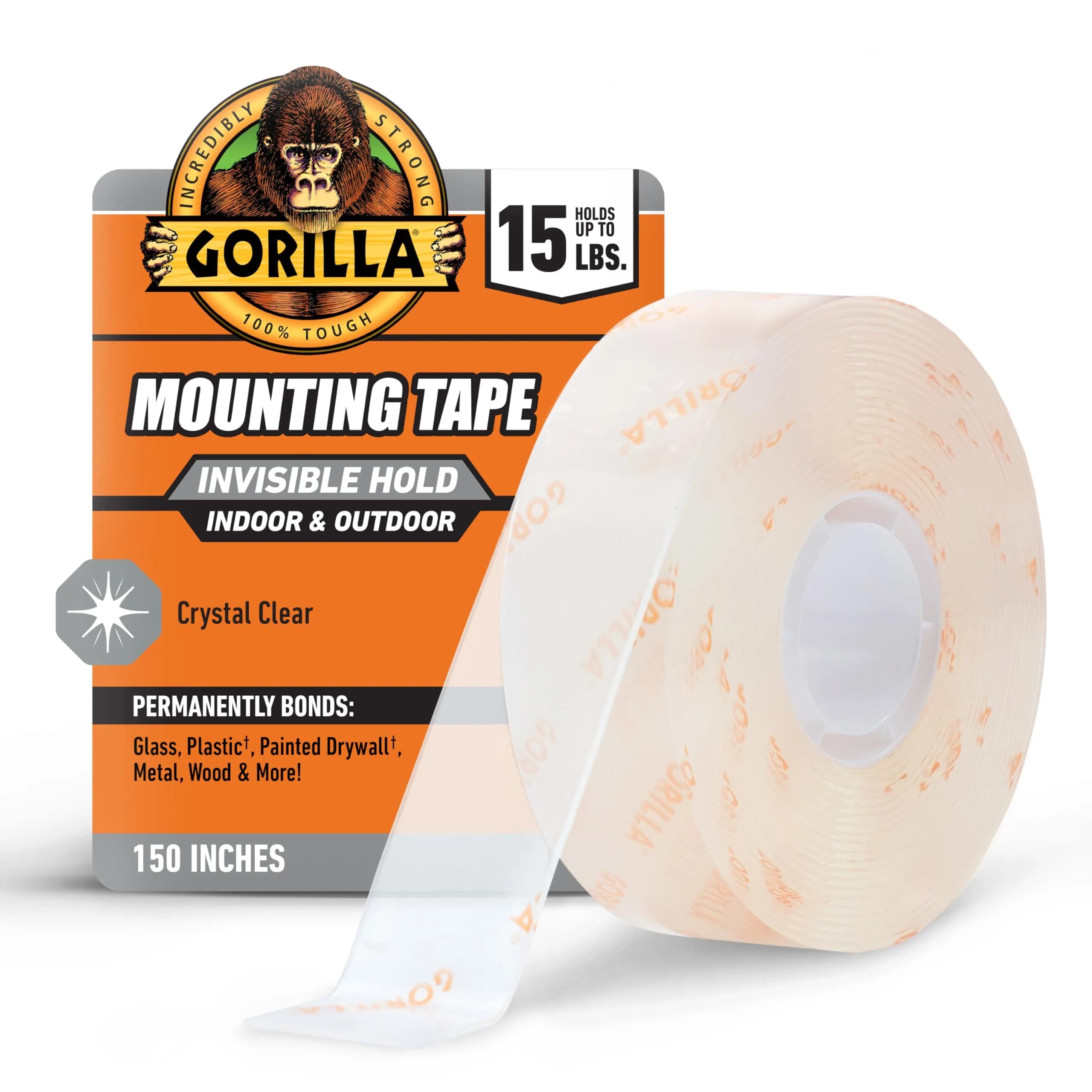 Gorilla Invisible Hold Mounting Tape Clear 1 Inch x 150 Inches | Permanent Double-Sided Adhesive