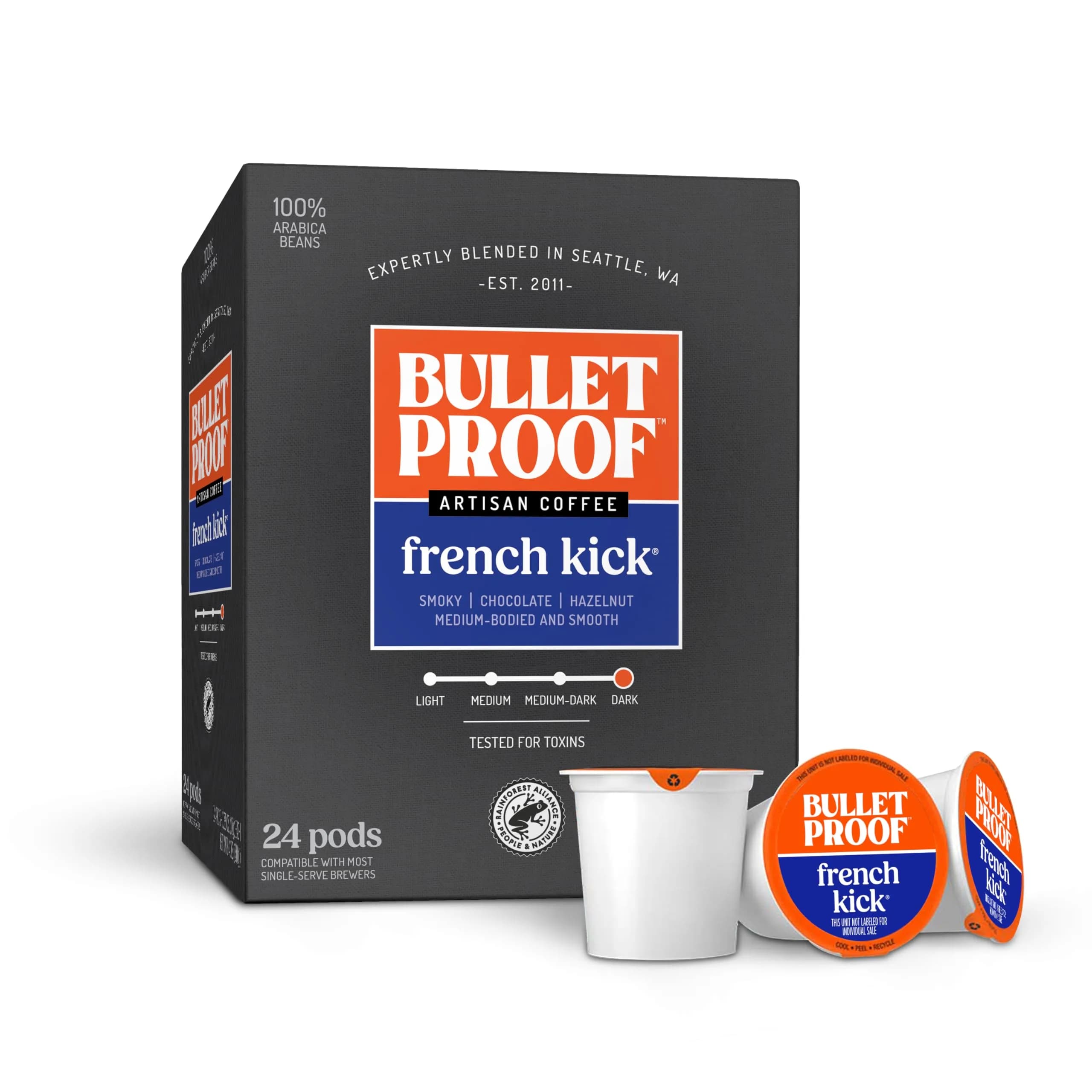 Bulletproof French Kick Dark Roast Single-Serve Pods 24 Count | Premium Coffee with Rich Smoky Flavor