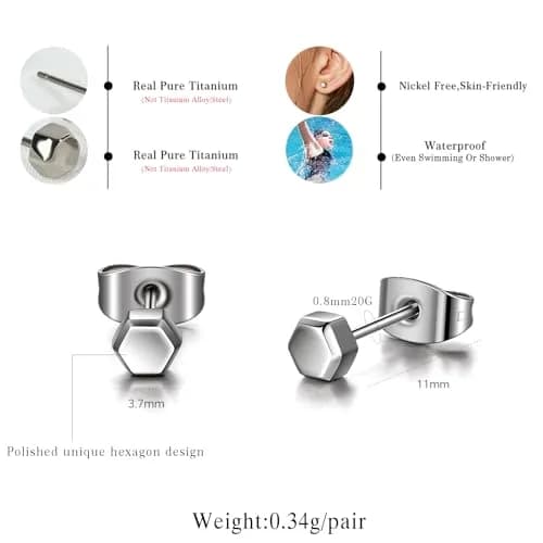 TGNEL Hexagon Stud Earrings for Sensitive Ears | 3.7mm Titanium Hypoallergenic Cartilage Helix Piercing thumbnail 5