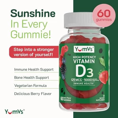YUM-V'S Vitamin D3 Gummies 5000 IU 125mcg | Support Immune & Bone Health, Non-GMO, Gluten-Free (60 Count) thumbnail 2
