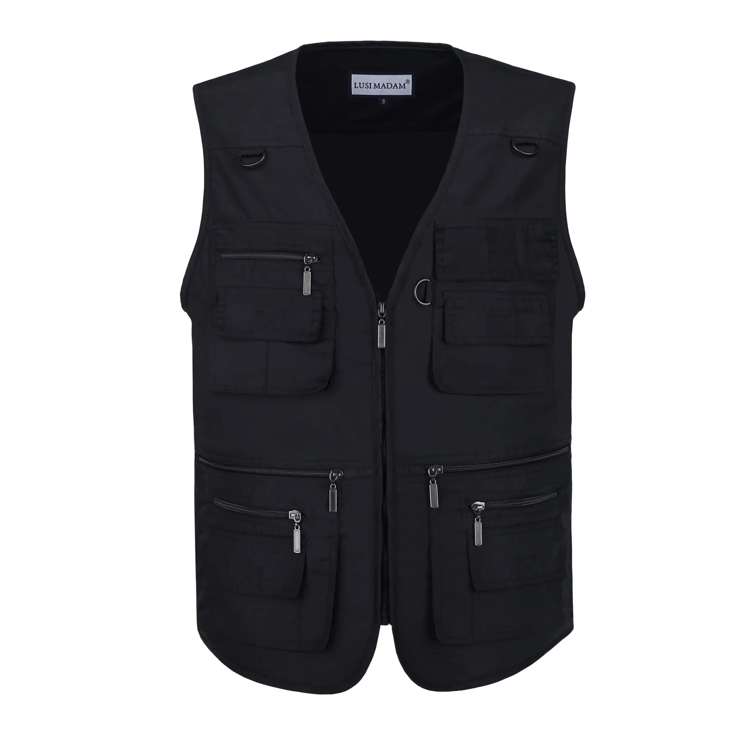 LUSI MADAM Men's Stone Washed Denim Multi-pocketed Fishing Work Outerwear Vest Large Pure Black | Durable & Practical — Pure Black