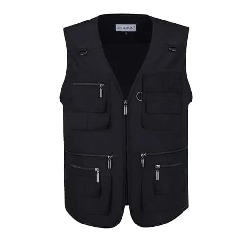 LUSI MADAM Men's Stone Washed Denim Multi-pocketed Fishing Work Outerwear Vest Large Pure Black | Durable & Practical thumbnail 1
