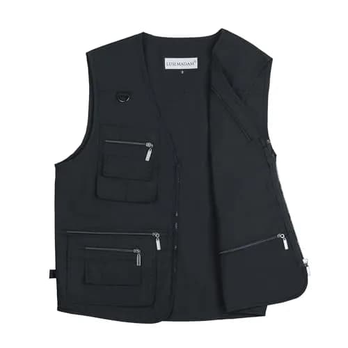 LUSI MADAM Men's Stone Washed Denim Multi-pocketed Fishing Work Outerwear Vest Large Pure Black | Durable & Practical thumbnail 5