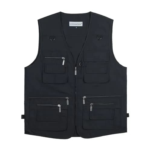 LUSI MADAM Men's Stone Washed Denim Multi-pocketed Fishing Work Outerwear Vest Large Pure Black | Durable & Practical thumbnail 6