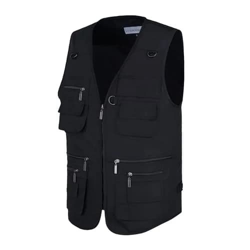 LUSI MADAM Men's Stone Washed Denim Multi-pocketed Fishing Work Outerwear Vest Large Pure Black | Durable & Practical thumbnail 3