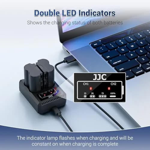JJC Dual Battery Charger for Panasonic Lumix GH7 GH6 GH5 II GH5S GH5 GH4 GH3 S9 S5 IIX S5 II S5 G9 II G9 | USB Input, 2-Slot, 4-Hour Charge thumbnail 7