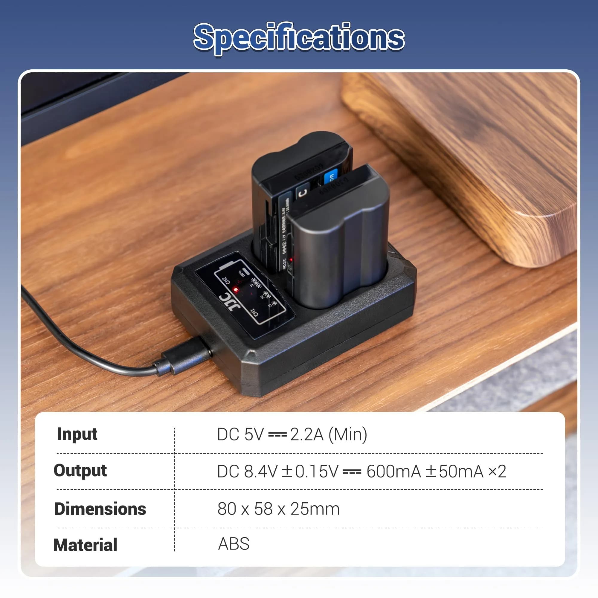 JJC Dual Battery Charger for Panasonic Lumix GH7 GH6 GH5 II GH5S GH5 GH4 GH3 S9 S5 IIX S5 II S5 G9 II G9 | USB Input, 2-Slot, 4-Hour Charge - view 8