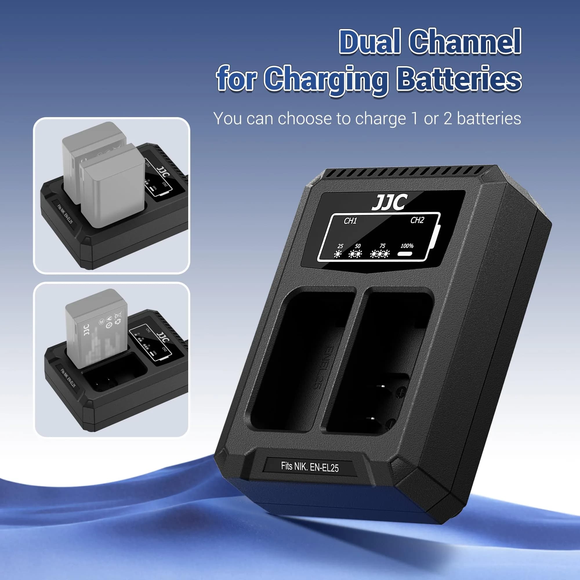 JJC Dual Battery Charger for Panasonic Lumix GH7 GH6 GH5 II GH5S GH5 GH4 GH3 S9 S5 IIX S5 II S5 G9 II G9 | USB Input, 2-Slot, 4-Hour Charge - view 3
