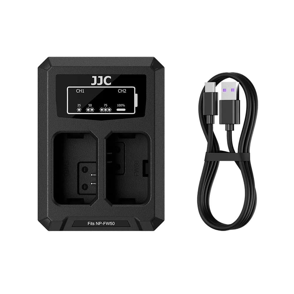 JJC LP-E17 Dual USB Battery Charger for Canon EOS R100 R50 R10 Rebel T8i T7i T6i | Charges 2 Batteries Simultaneously — Black / For Sony NP-FW50 Battery