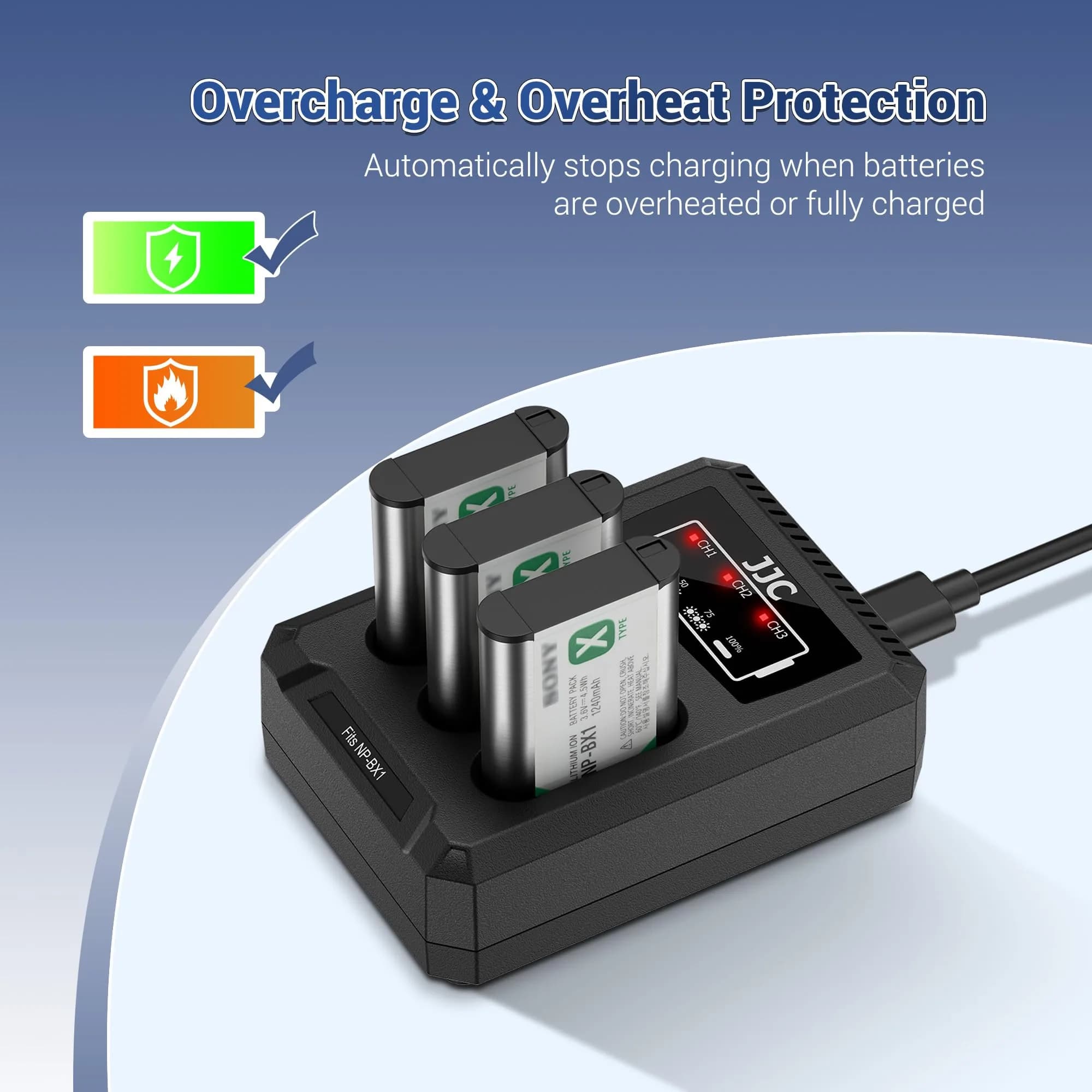 JJC Triple Slot USB Battery Charger for Sony NP-BX1 Batteries | Charges 3 Batteries Simultaneously - view 5
