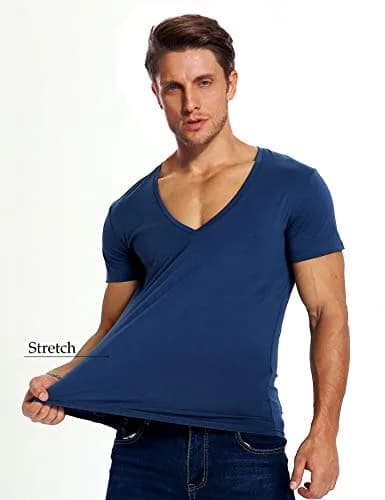 Zecmos Men's Royal Blue V Neck T-Shirt Slim Fit 100% Cotton | Muscle Fit Undershirt thumbnail 3