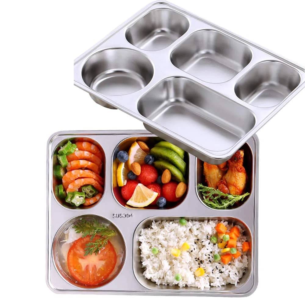 AIYoo 2 Stainless Steel Divided Plates Tray 11.2 inch | Unbreakable Portion Control Plate for Adults — 5C (5 Sections)