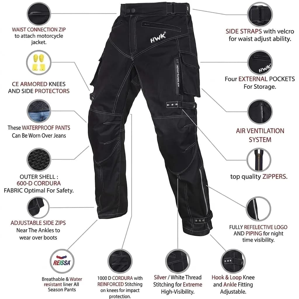 HWK Motorsports Apparel Water Resistant Motorcycle Pants | 91cm (30" Inseam) Waist 96cm (38" Waist) - view 4