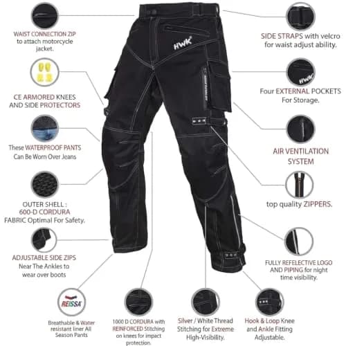 HWK Motorsports Apparel Water Resistant Motorcycle Pants with CE Armor | 42W x 30L (106.7cm x 76.2cm) thumbnail 4