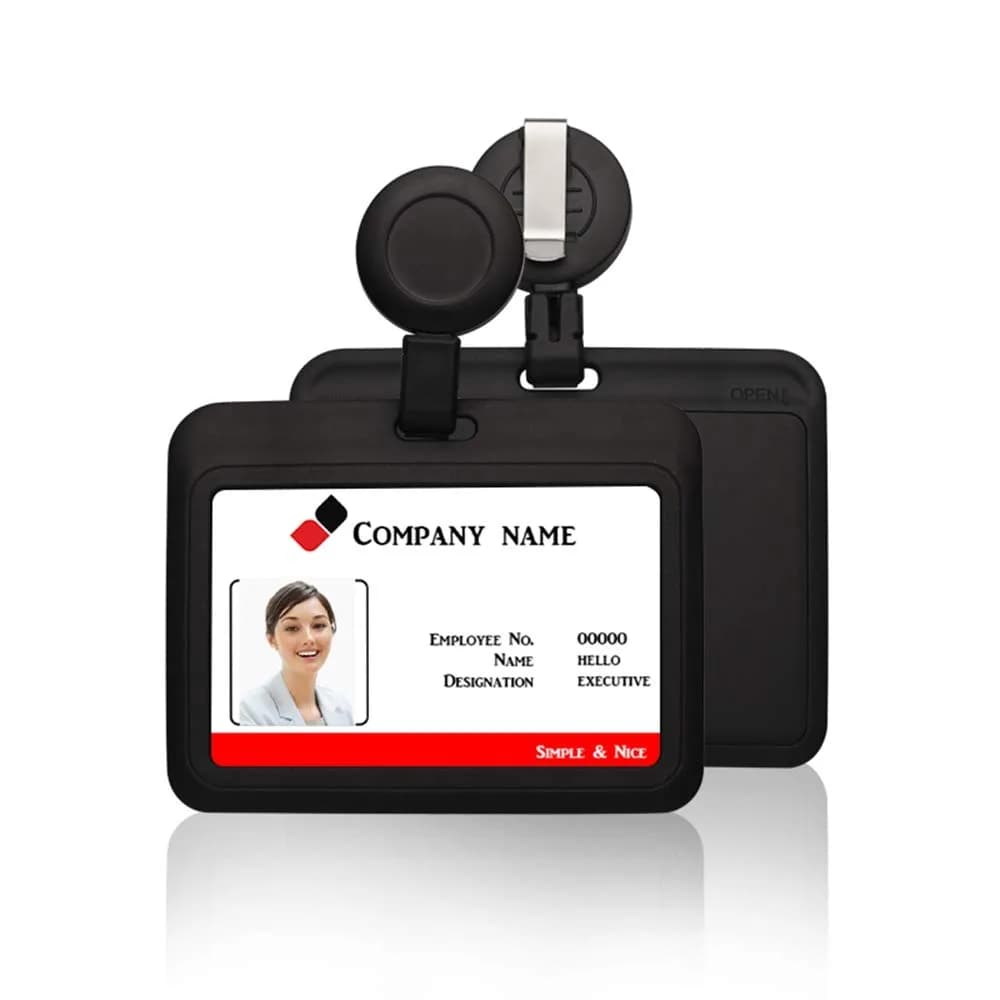 HiCycle2 ID Badge Holder Case Horizontal with Reel Clip 102 x 80MM | Heavy Duty Plastic — Black