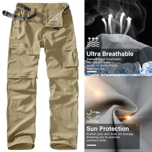 linlon Men's Quick Dry Convertible Hiking Cargo Pants with Belt, Khaki, 32 (81.3 cm) | UPF 50+ Sun Protection thumbnail 6