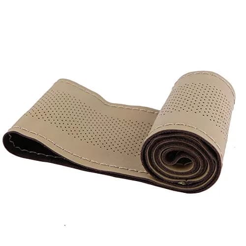 O SHI CAR Elegant Beige Genuine Leather Car Steering Wheel Cover 15 Inch | Anti-slip & Durable thumbnail 1
