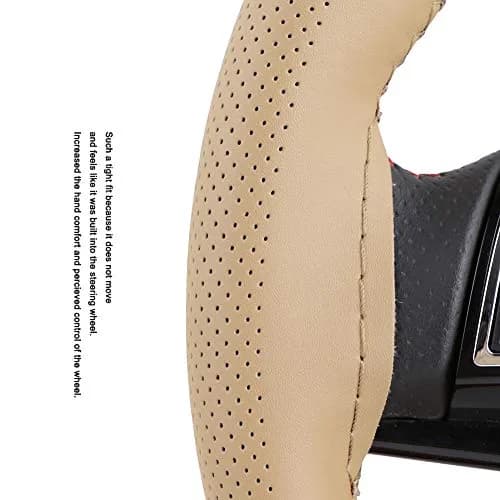 O SHI CAR Elegant Beige Genuine Leather Car Steering Wheel Cover 15 Inch | Anti-slip & Durable thumbnail 7