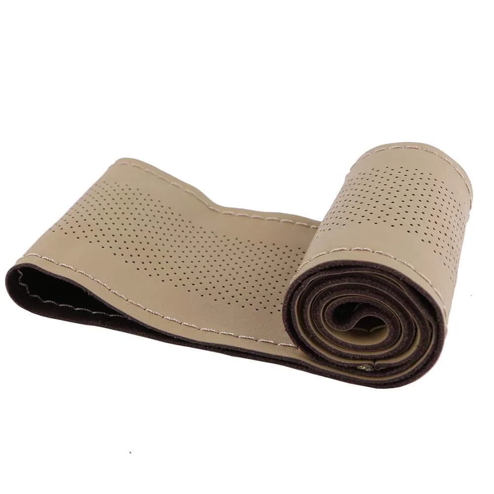 O SHI CAR Elegant Beige Genuine Leather Car Steering Wheel Cover 15 Inch | Anti-slip & Durable