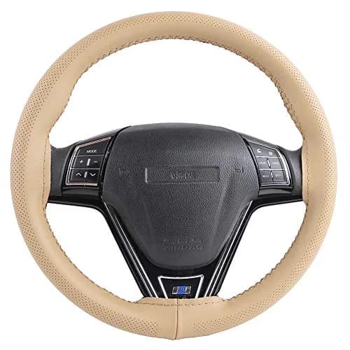 O SHI CAR Elegant Beige Genuine Leather Car Steering Wheel Cover 15 Inch | Anti-slip & Durable thumbnail 2