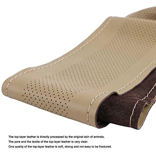 O SHI CAR Elegant Beige Genuine Leather Car Steering Wheel Cover 15 Inch | Anti-slip & Durable thumbnail 4