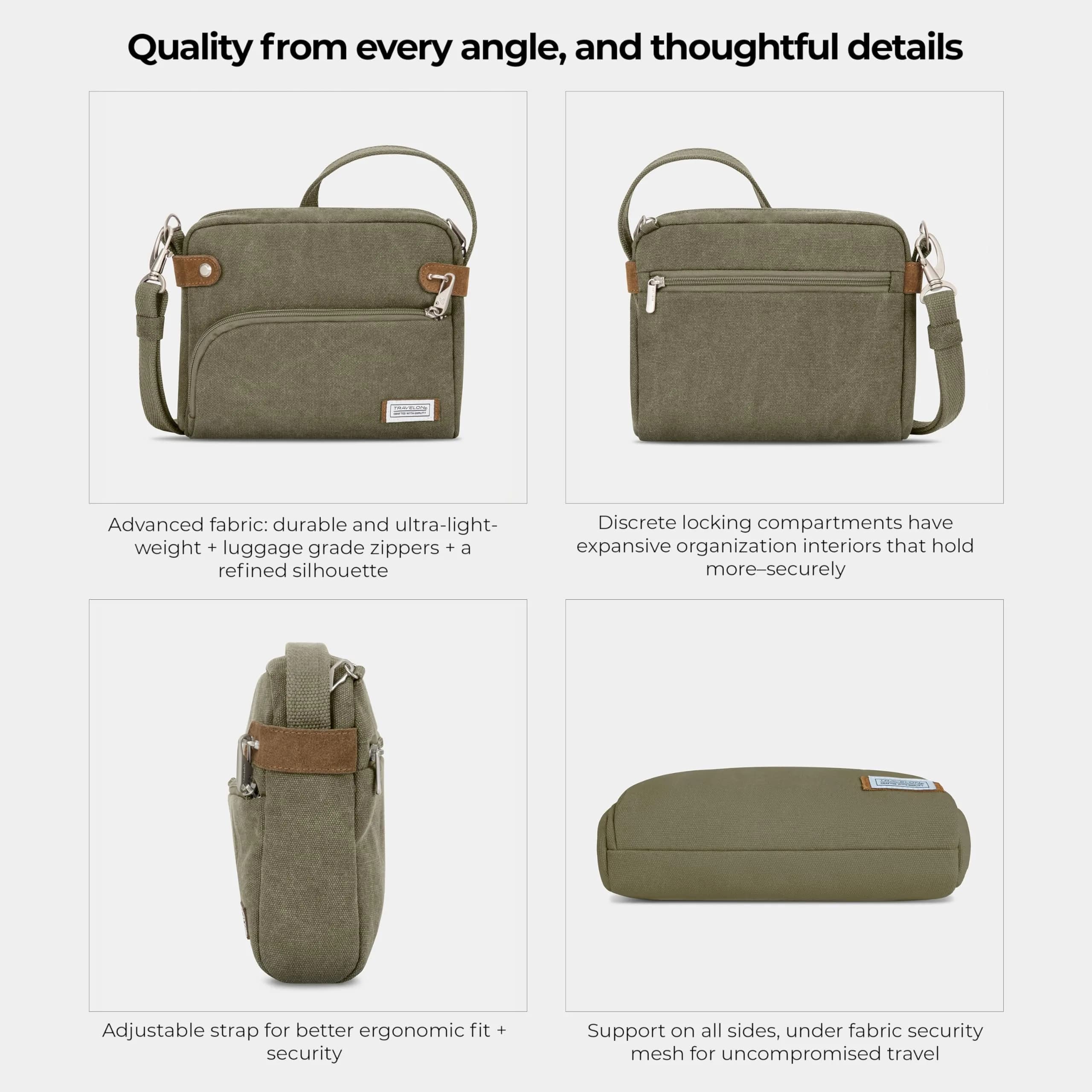 Travelon Anti-Theft Heritage Crossbody Bag Sage 24cm (9.5"W x 8"H x 2.5"D) | Secure Travel Companion - view 6