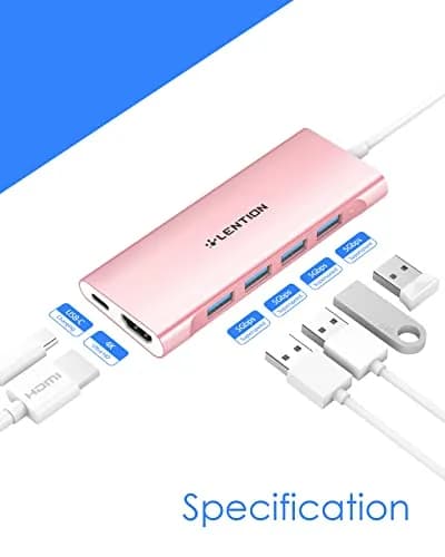 LENTION USB-C Multi-Port Hub with 4K HDMI, 100W PD & 4 USB 3.0 Ports | Compatible with MacBook & Surface (Rose Gold) thumbnail 2