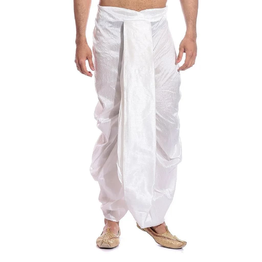 Royal Kurta Men's Silk Blend Dhoti White 44 inches (111.8 cm) | Traditional Indian Apparel — White