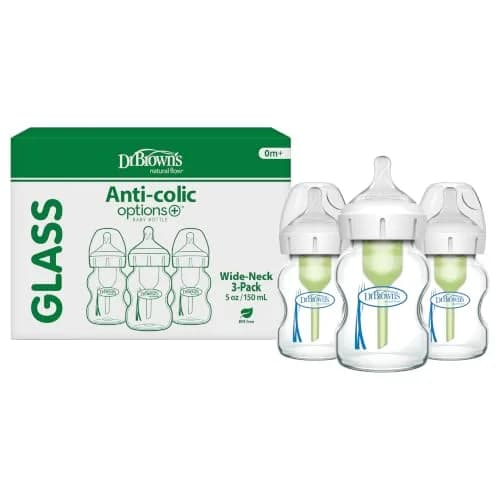 Dr. Brown's Anti-Colic Options+ Wide-Neck Glass Baby Bottle 150ml (5 oz) 3-Pack | Clinically Proven to Reduce Colic thumbnail 1