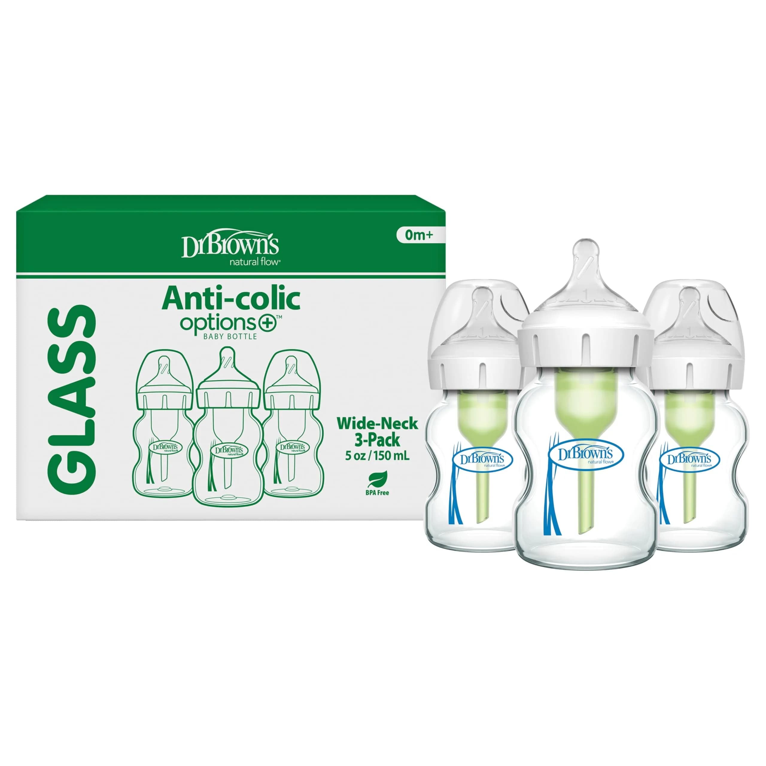 Dr. Brown's Anti-Colic Options+ Wide-Neck Glass Baby Bottle 150ml (5 oz) 3-Pack | Clinically Proven to Reduce Colic - main product image