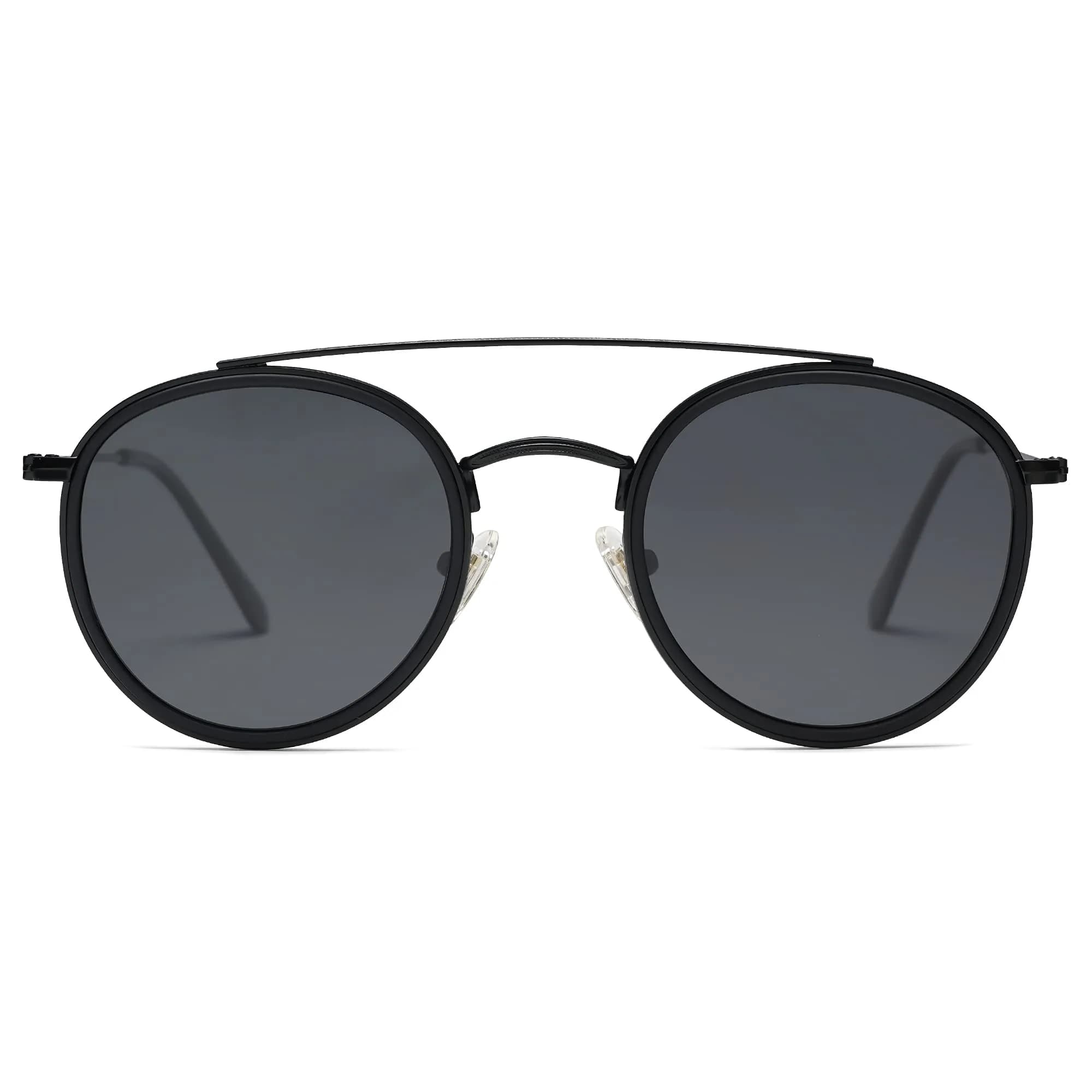 SOJOS Retro Vintage Round Polarized Sunglasses for Women Men Small Double Bridge Circle Sunnies SJ1104, Black/Blue Mirrored — Dark Black/Grey