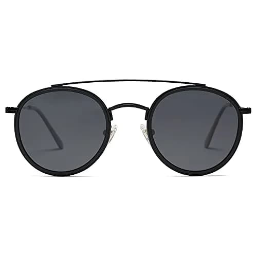 SOJOS Retro Vintage Round Polarized Sunglasses for Women Men Small Double Bridge Circle Sunnies SJ1104, Dark Black/Grey | UV400 Polarized thumbnail 1