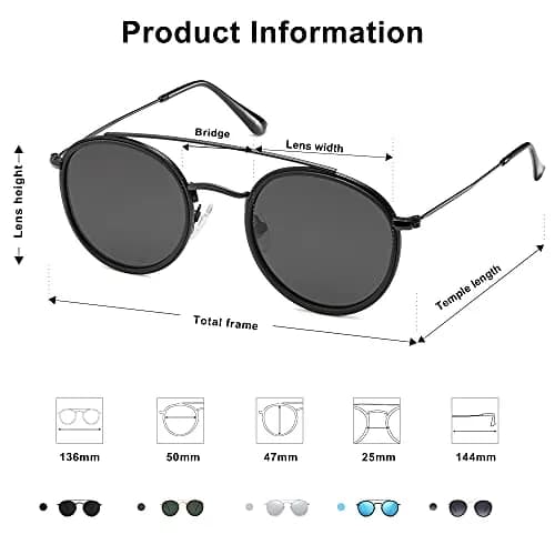 SOJOS Retro Vintage Round Polarized Sunglasses for Women Men Small Double Bridge Circle Sunnies SJ1104, Dark Black/Grey | UV400 Polarized thumbnail 4