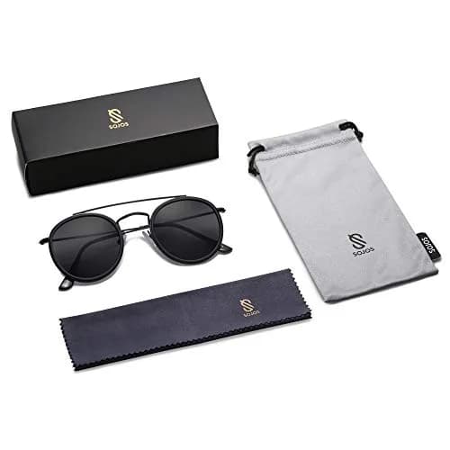 SOJOS Retro Vintage Round Polarized Sunglasses for Women Men Small Double Bridge Circle Sunnies SJ1104, Dark Black/Grey | UV400 Polarized thumbnail 5