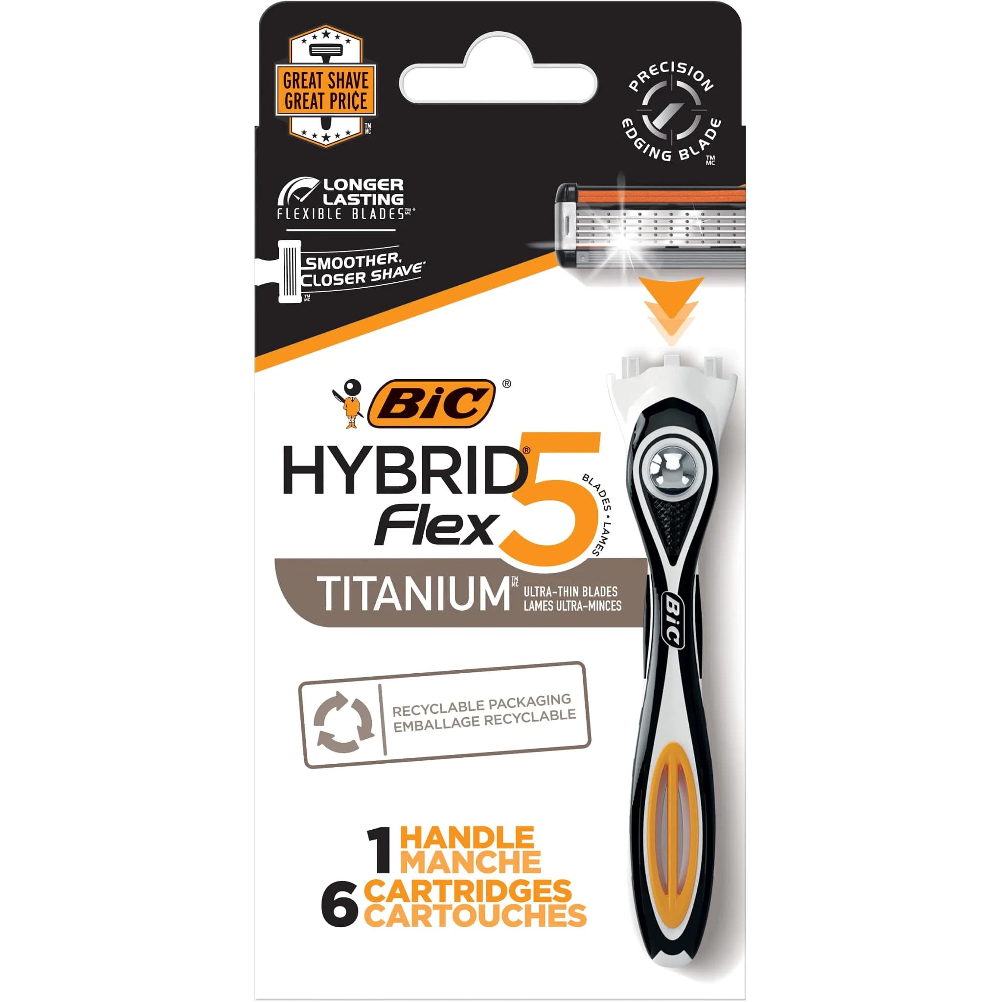 BIC Flex 5 Hybrid Disposable Razors for Men | 1 Handle & 6 Cartridges, 5 Blades, Recycled Plastic Handle, Recyclable Packaging