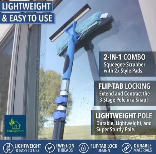 EVERSPROUT Swivel Squeegee & Microfiber Window Scrubber with 5-13ft Extension Pole | Cleans Up to 20ft Reach thumbnail 4