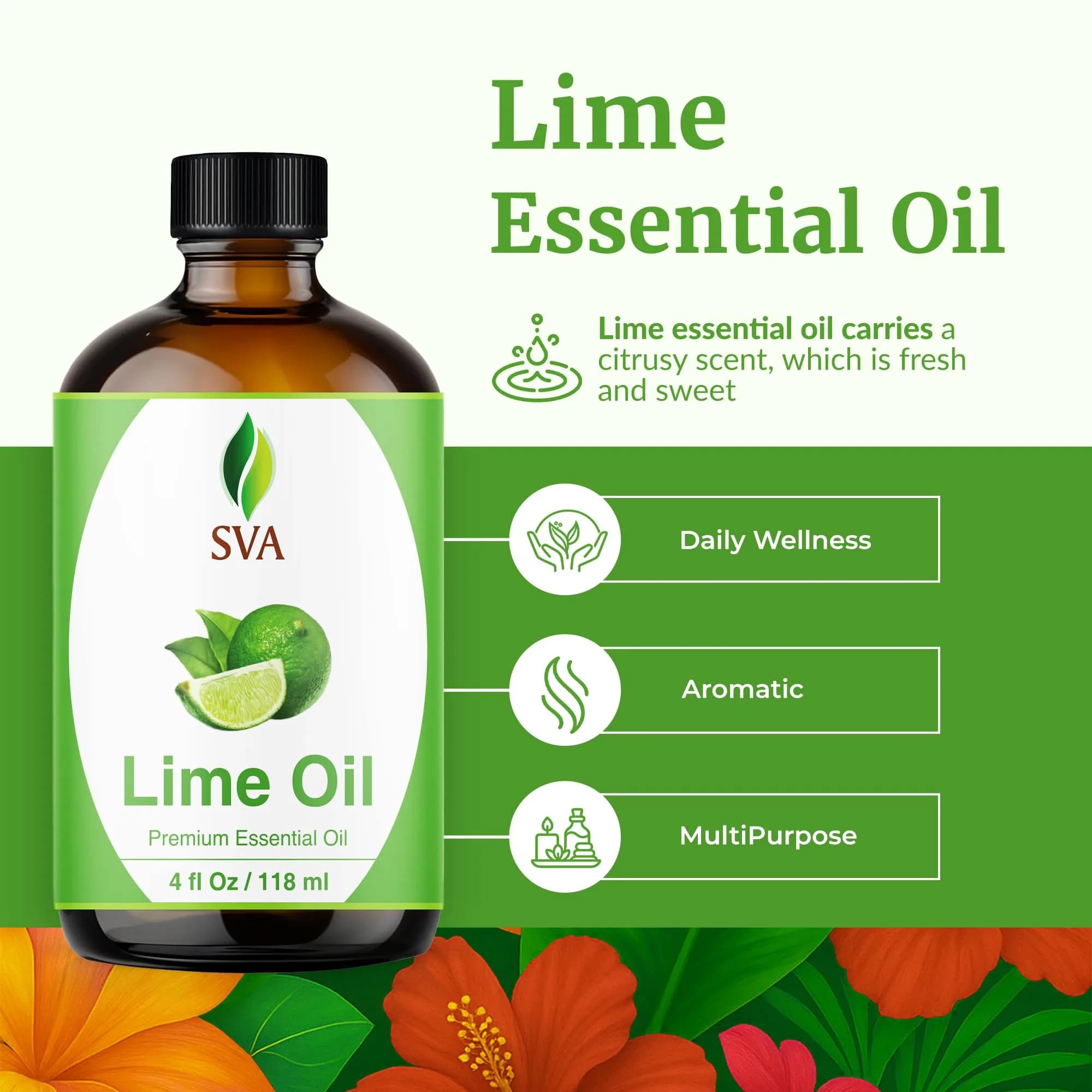 SVA ORGANICS Lime Essential Oil 4 Fl Oz (118 mL) - Pure, Natural Steam Distilled Oil - view 2