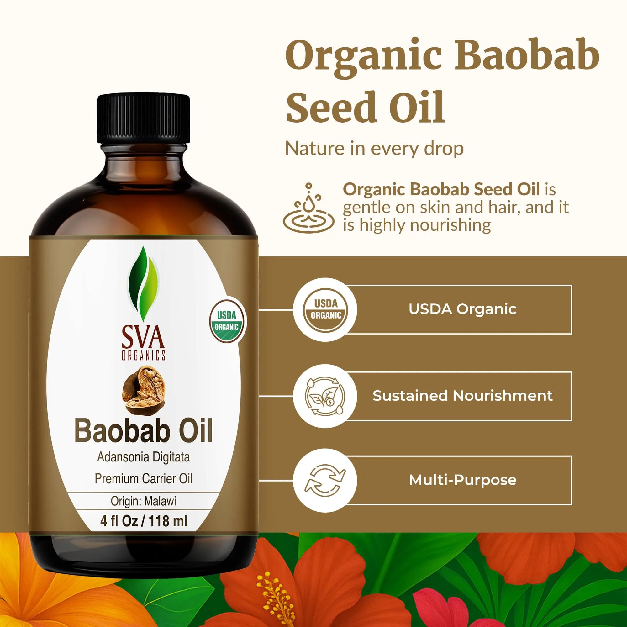 SVA ORGANICS Baobab Seed Carrier Oil 118 ml (4 Fl Oz) | Cold-Pressed, Organic, Multi-Use for Skin & Hair - view 2