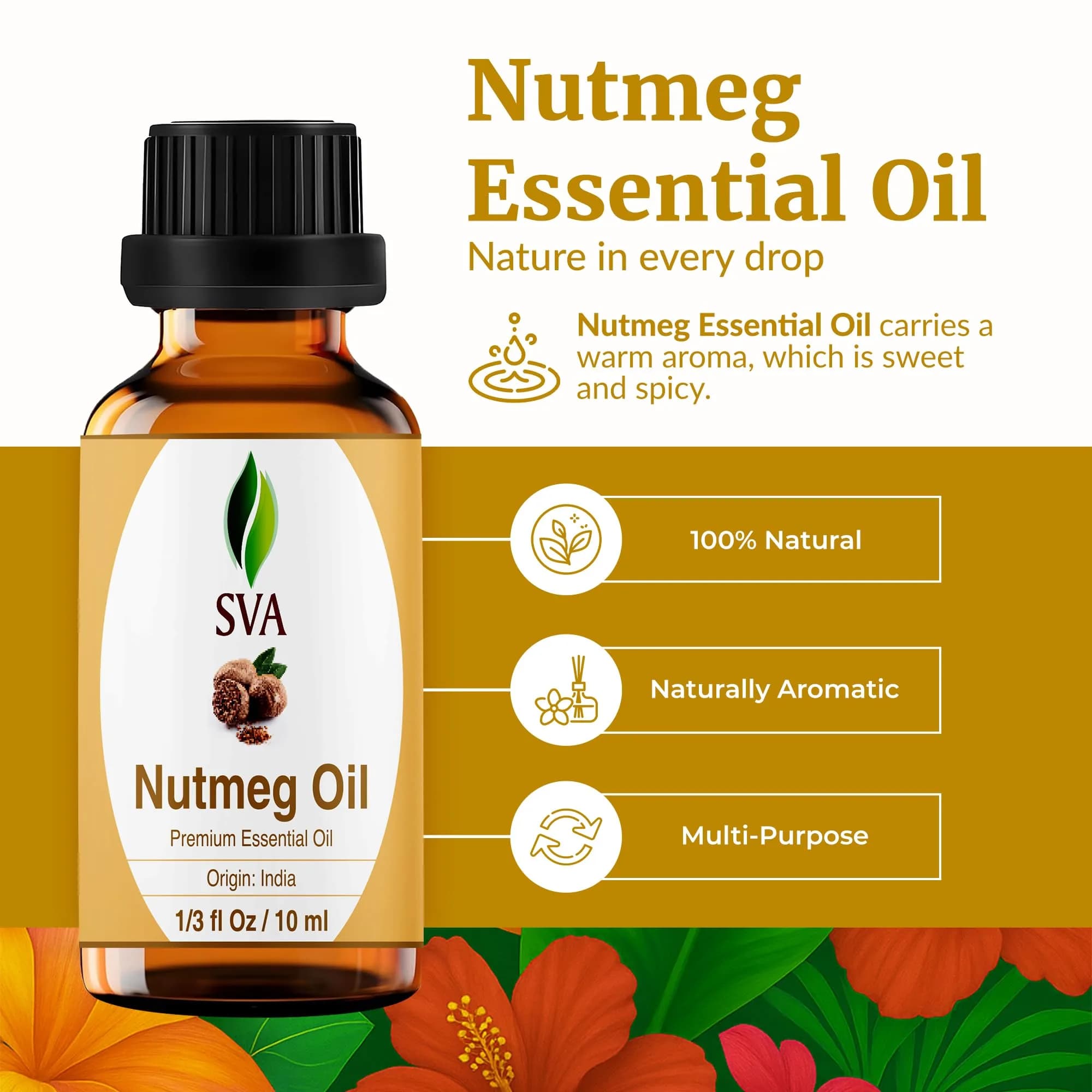 SVA ORGANICS Nutmeg Essential Oil 10 ml (0.33 Fl Oz) | Warm Woody Aroma for Aromatherapy & DIY - view 2