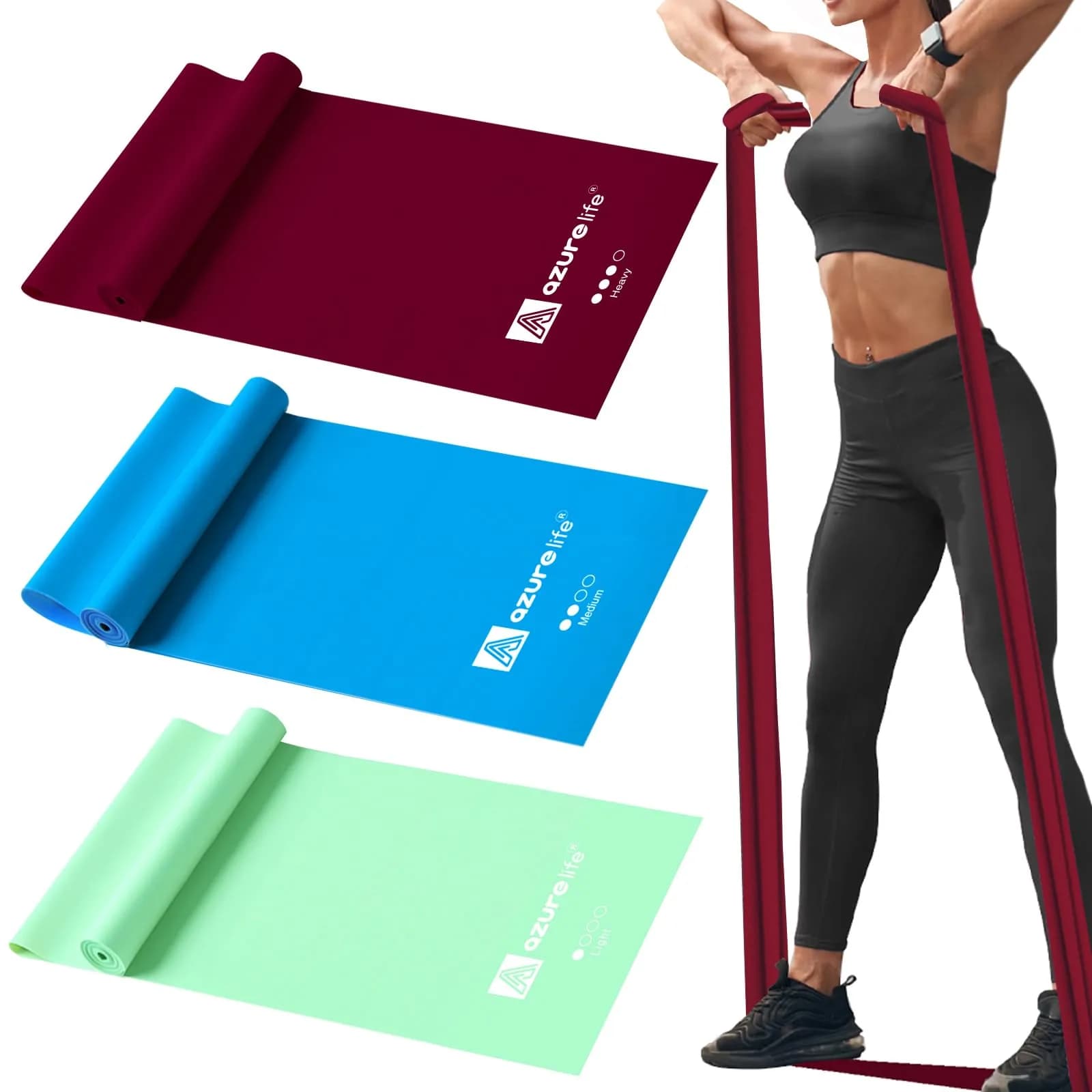 A AZURELIFE Resistance Bands Set - 3pc Long Latex-Free Exercise Bands for Therapy, Yoga, Pilates, Strength Training (5 ft x 6 in) - main product image