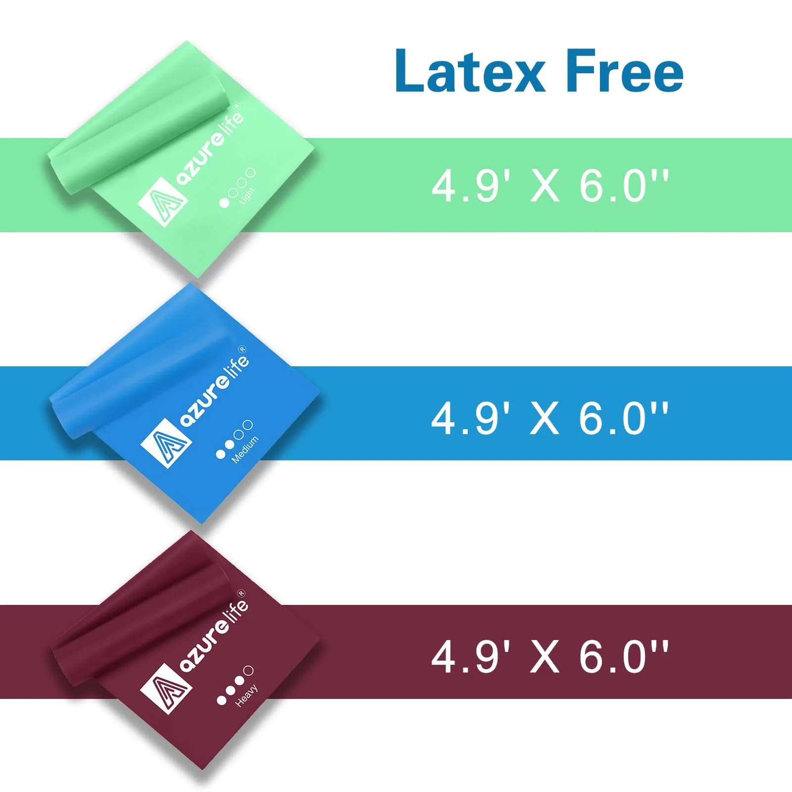 A AZURELIFE Resistance Bands Set - 3pc Long Latex-Free Exercise Bands for Therapy, Yoga, Pilates, Strength Training (5 ft x 6 in) - view 3